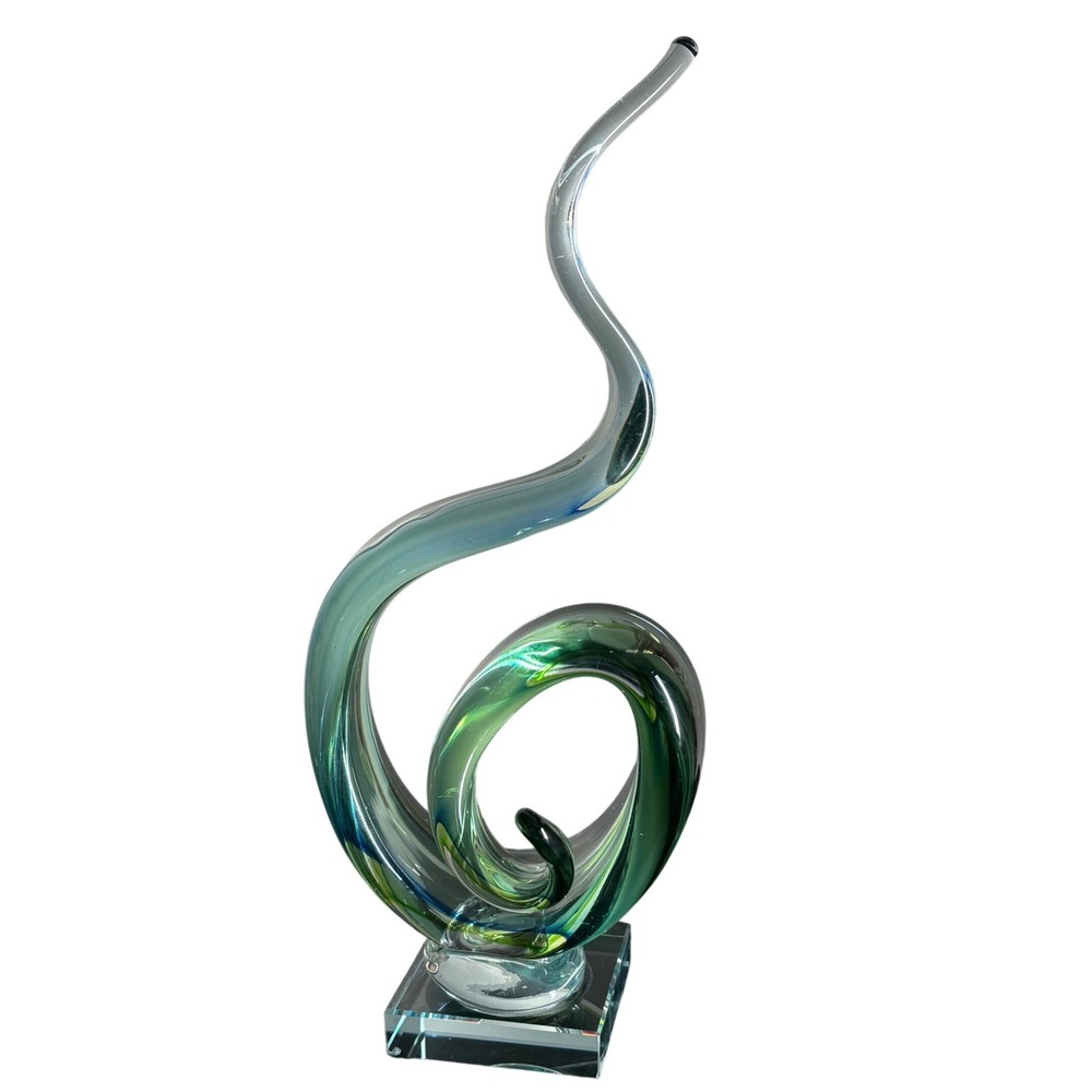 Art Glass Murano Style | 14" Hand Blown Swirl Ribbon Sculpture | Blue and Green